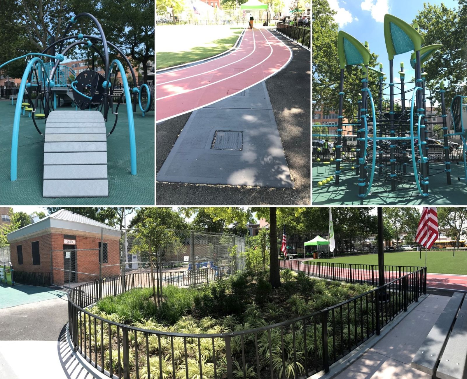Collage of Newly Opened NYC Park Stockton Playground - McLaren provided civil engineering services for this green infrastructure project