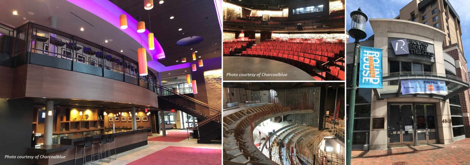 Collage of photos showing Round House Theatre during construction and after opening with updated seating, and refreshed design elements.