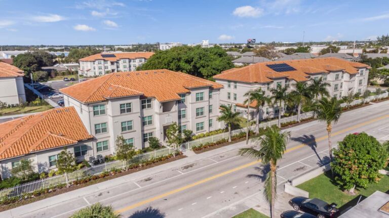 Aerial shot with solar panels of the structural engineering work for the affordable housing community, Banyan Court in Lake Worth, FL