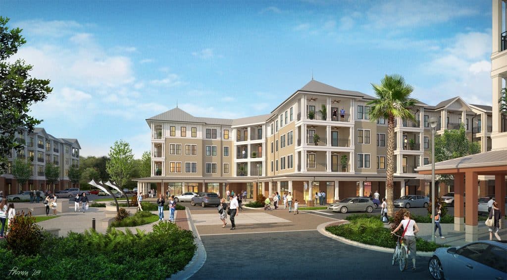 Rendering of Tioga Town Center, a Mixed-Use Development in Gainesville, Florida