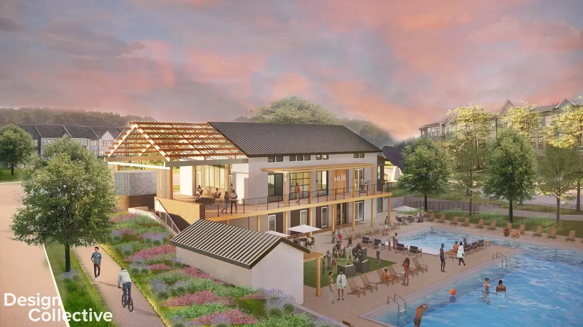 Architectural rendering of the Watershed Community Center clubhouse, showcasing a two-story design with an elevated patio, poolside area, and lush landscaping.