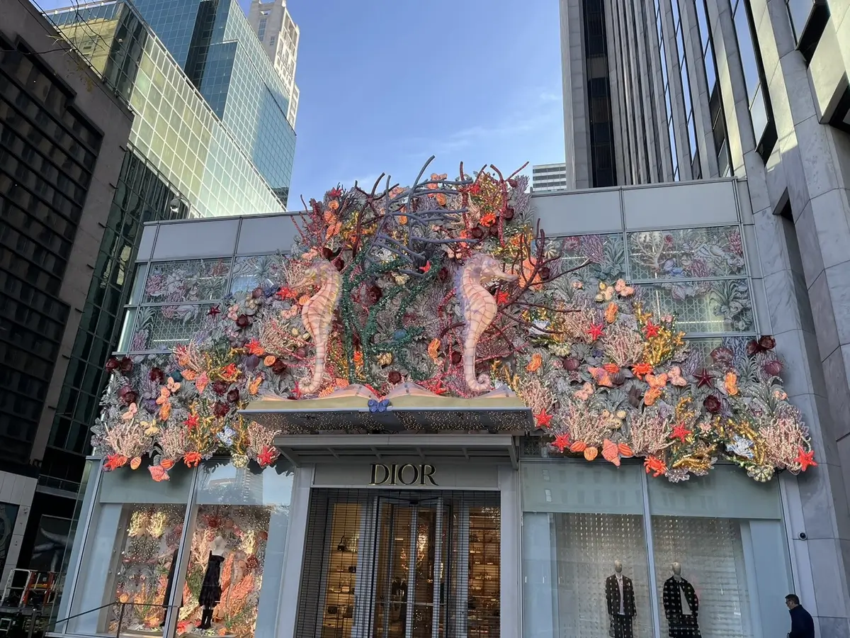 Front facing view of Dior's underwater themed LED holiday storefront