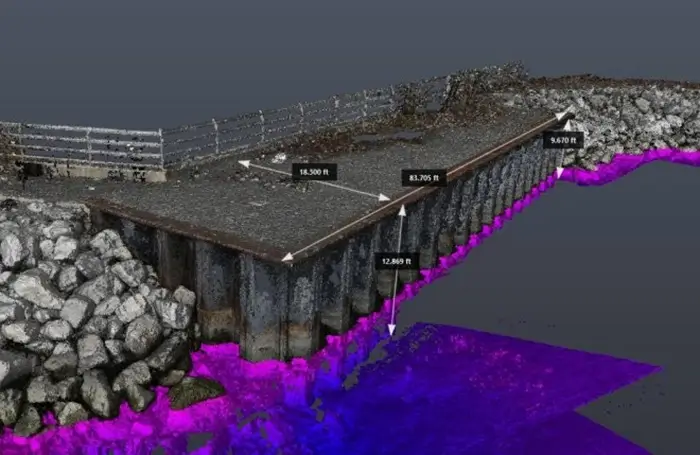 Multibeam hydrographic survey with sonar imaging of a bulkhead and riprap.