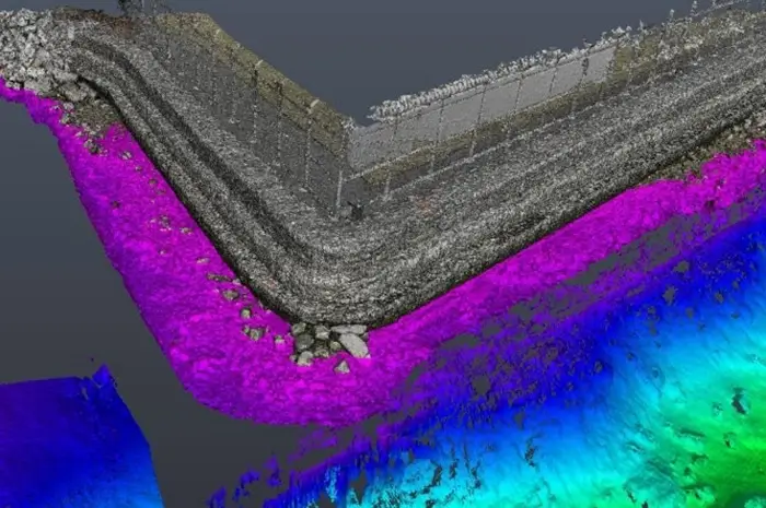 Multibeam hydrographic survey with sonar imaging of a gabion wall bulkhead.