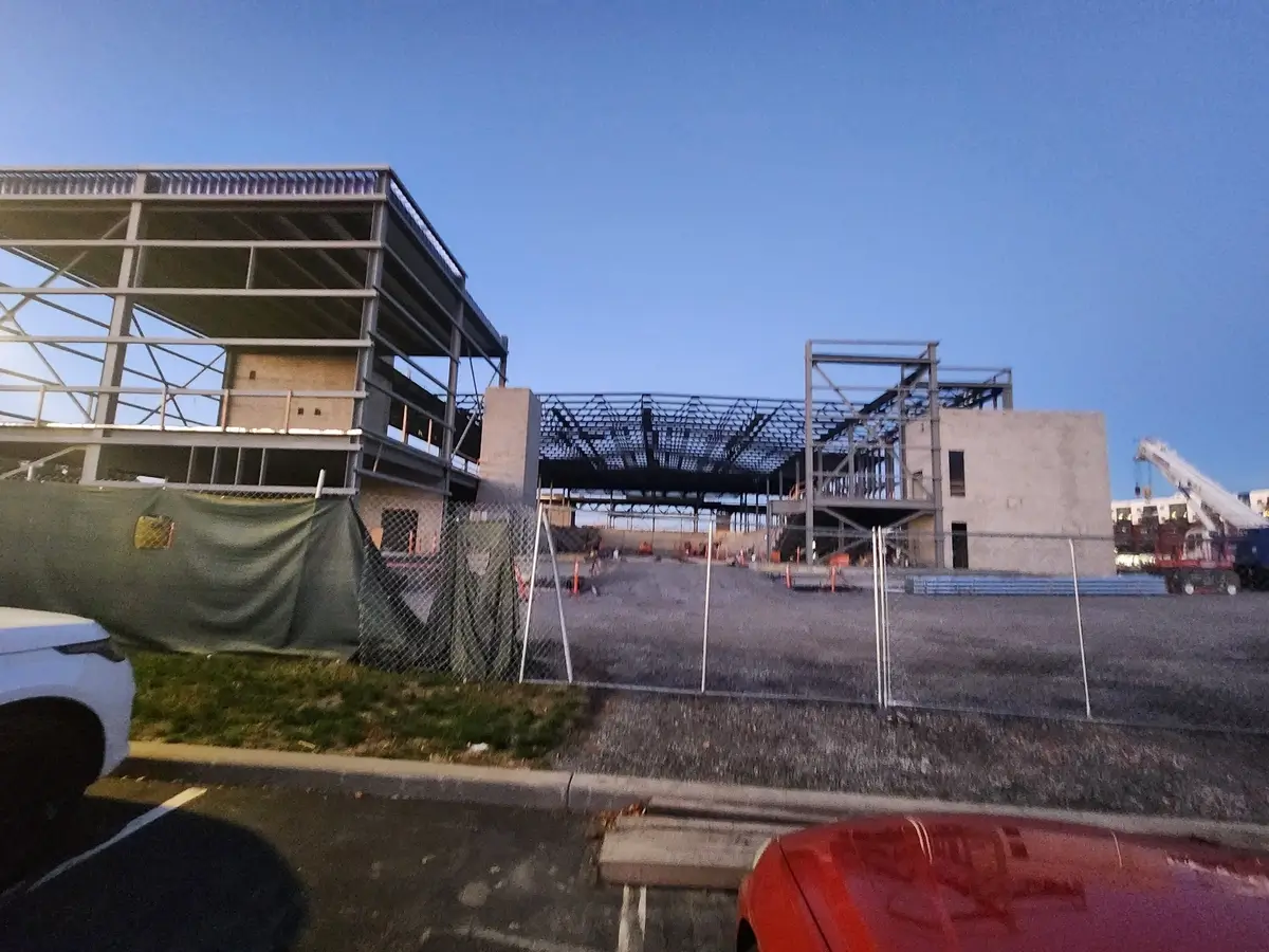The exterior steel framework of the Mohawk Harbor Event Center is taking shape as construction progresses toward completion.