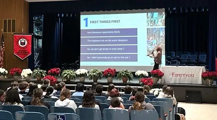 Entertainment Engineer, Nadia Itani teaching students at Emerson about how engineering shapes live experiences.