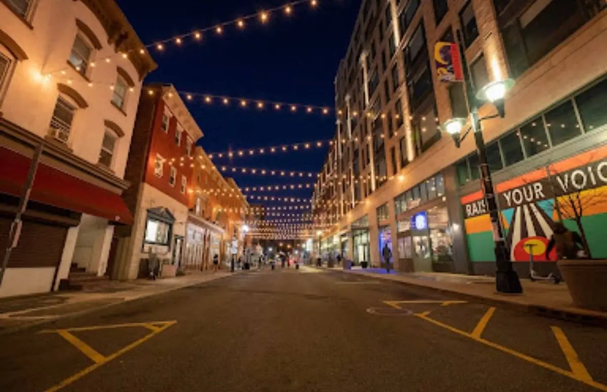 Festival lights illuminate Halsey Street in Newark, NJ, showcasing their latest streetscape upgrades