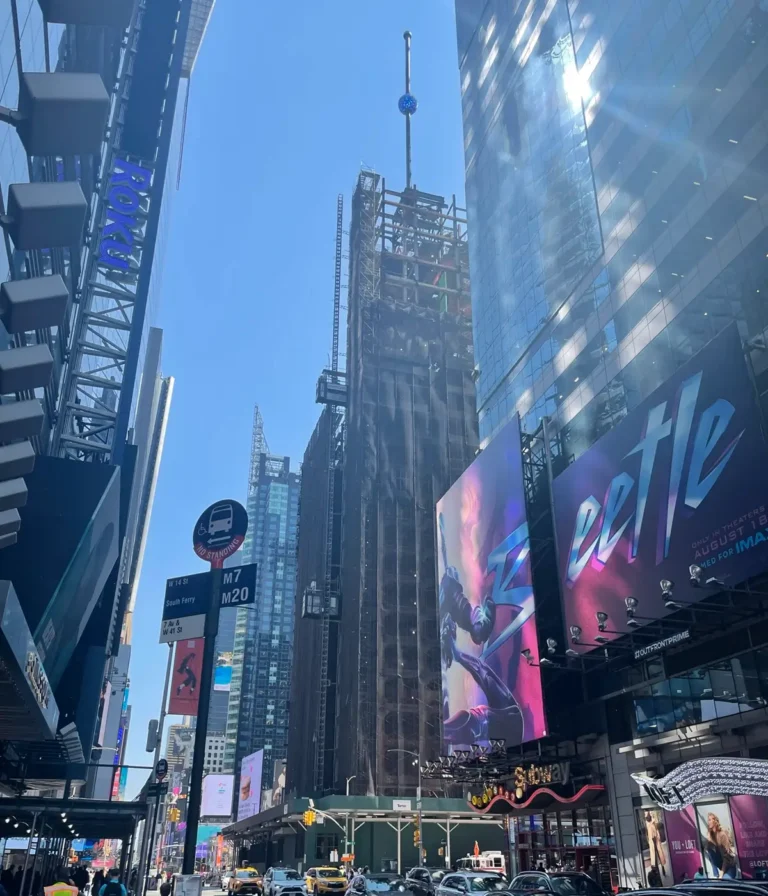 One Times Square Under Construction in 2023. The Ball can be seen dropping on top of the building.