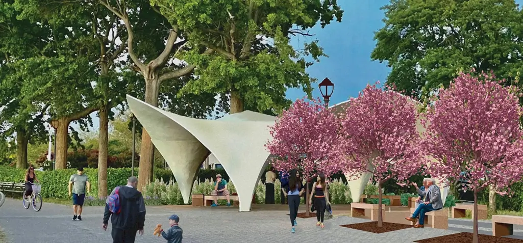 Rendering of the reconstructed Candela Pavilion at World’s Fair Marina 