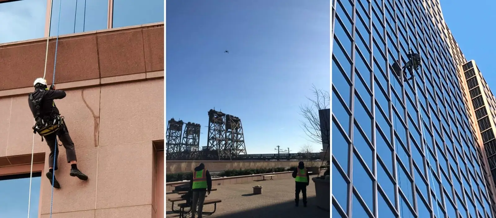 Technicians perform SPRAT-certified rope access inspections on the glass facade of a tall building.